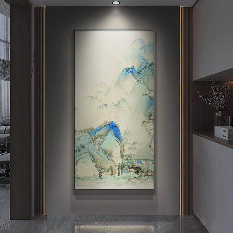新中式入户玄关装饰画千里江山图竖版山水画楼梯挂画走廊过道壁画