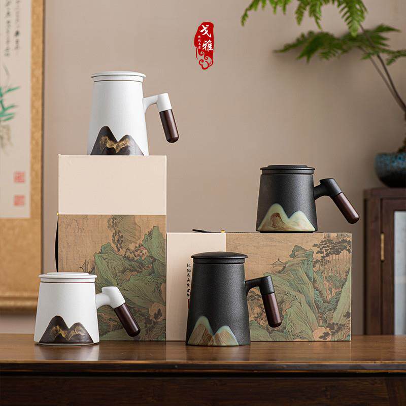 日式陶瓷茶杯办公杯茶水分离马克杯子木柄水杯泡茶杯带盖子定制礼