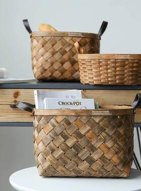 Wood chip handle woven storage basket picnic fruit bread bas