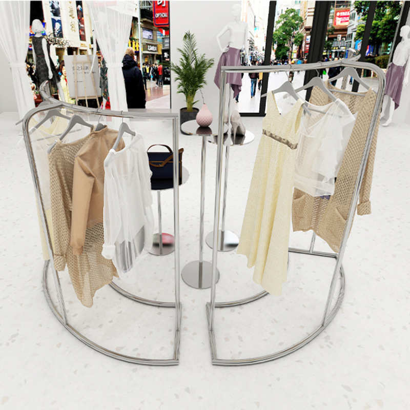 服装展示架不锈钢拉丝银高低半圆形挂衣杠子服装店橱窗展示流水台