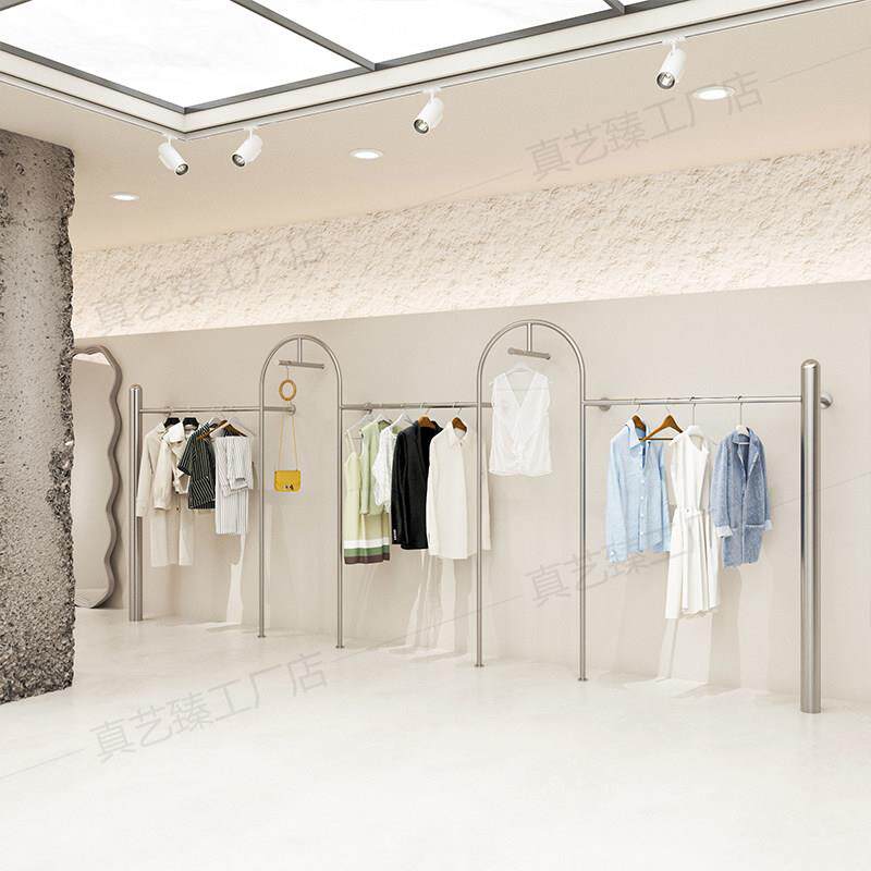 服装店展示架不锈钢带正挂上墙式男女装店挂衣杆货架陈列架子银色
