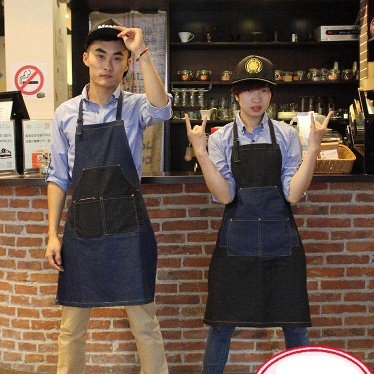 新款直销牛仔围裙定 制订 做LOGO网咖啡酒吧奶茶甜品花店女美发服