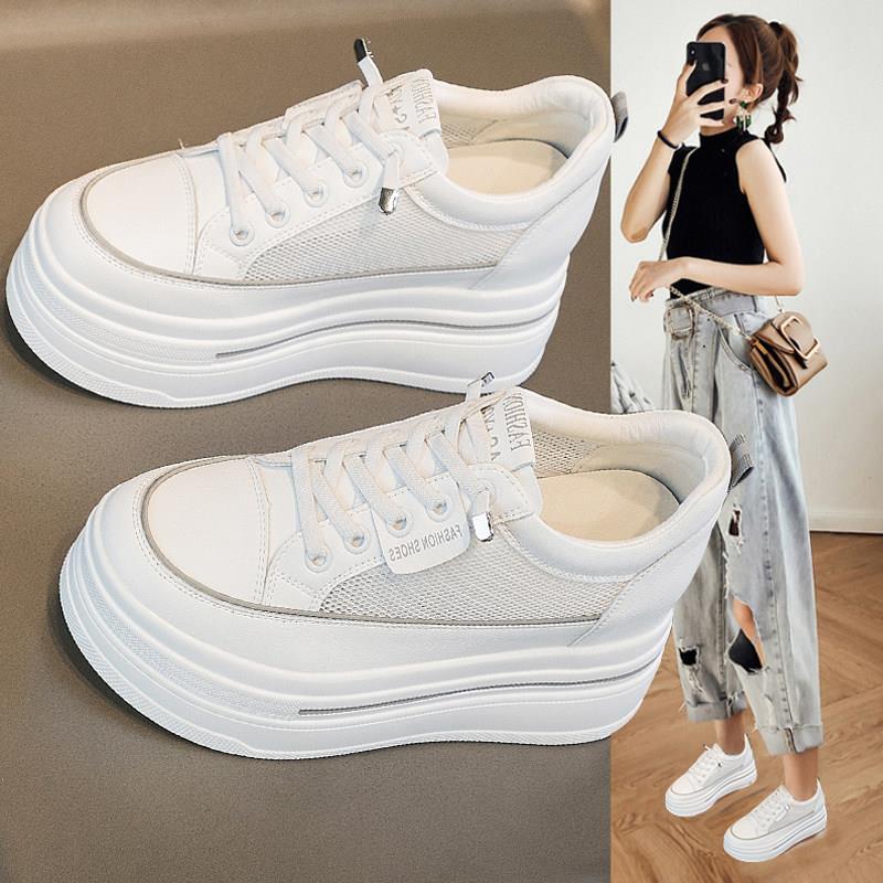 代购夏季小白鞋女2025新款厚底内增高8cm单网透气小码真皮老爹鞋
