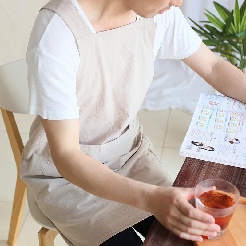 新款直销外贸出口日式简约免系带双肩纯棉围裙厨房家用咖啡奶茶店