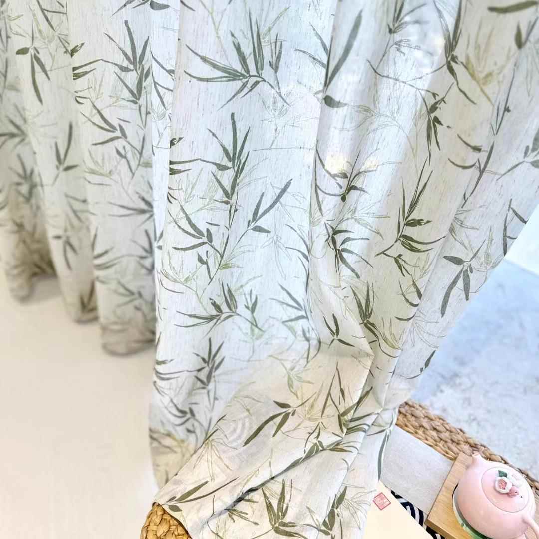 新款凤尾竹中式亚麻印花纱帘透光不透人纱帘客厅阳台卧室隔断窗