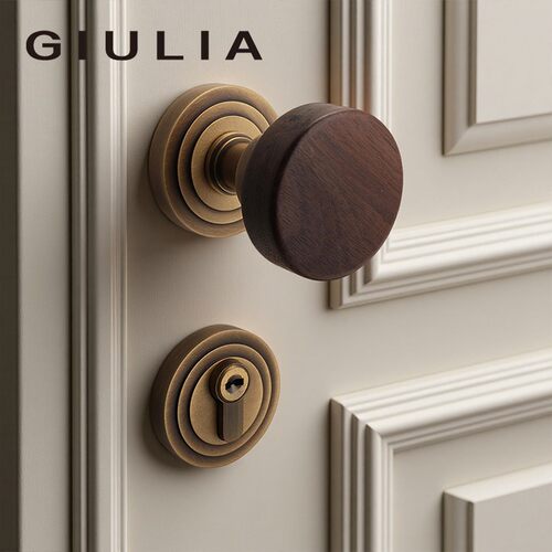 GIULIA胡桃木黄铜法式房门锁静音磁吸双门把手隐形门球型锁