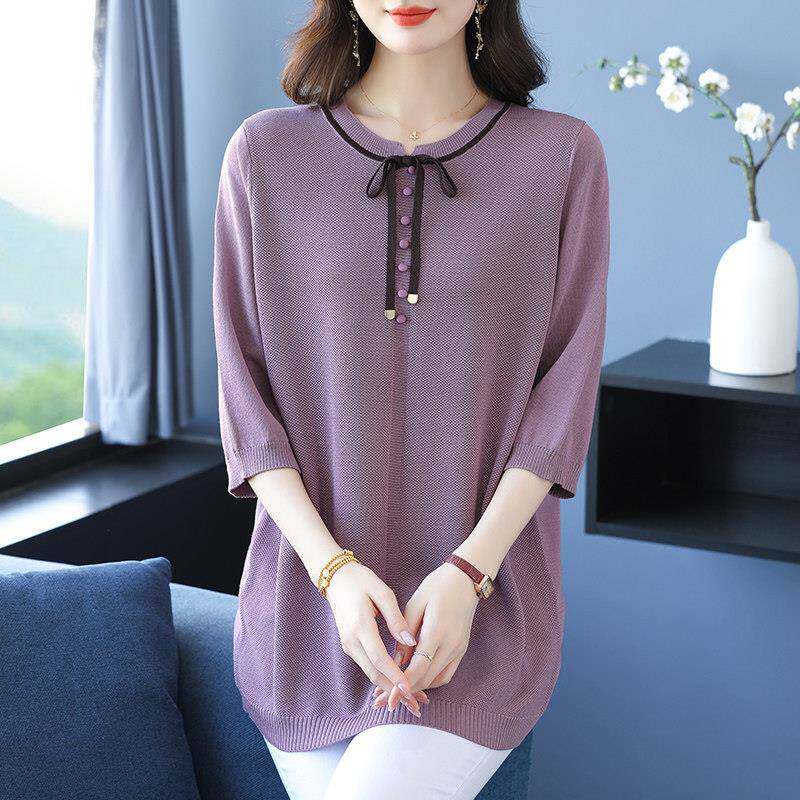 中年妈妈春夏冰丝七分袖T恤 迪亚绒宽松洋气中长款针织衫