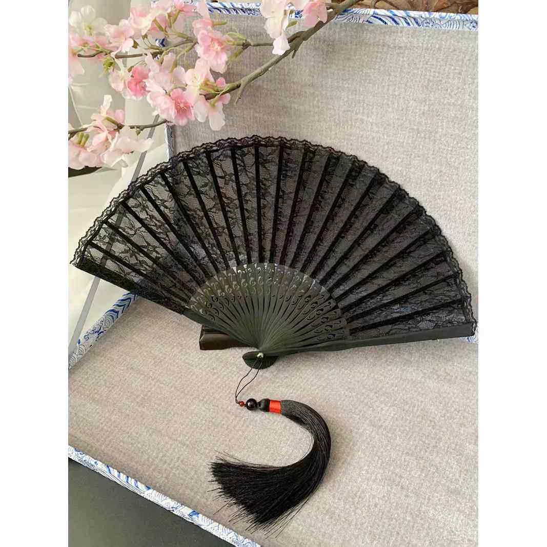 黑色蕾丝扇子女士小折扇古风复古典折叠中国风搭配旗袍跳舞蹈纯色