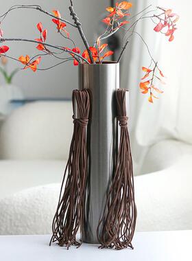 档现代轻艺奢高皮质流苏花摆GTY件器客厅样板房售楼处术皮革花瓶