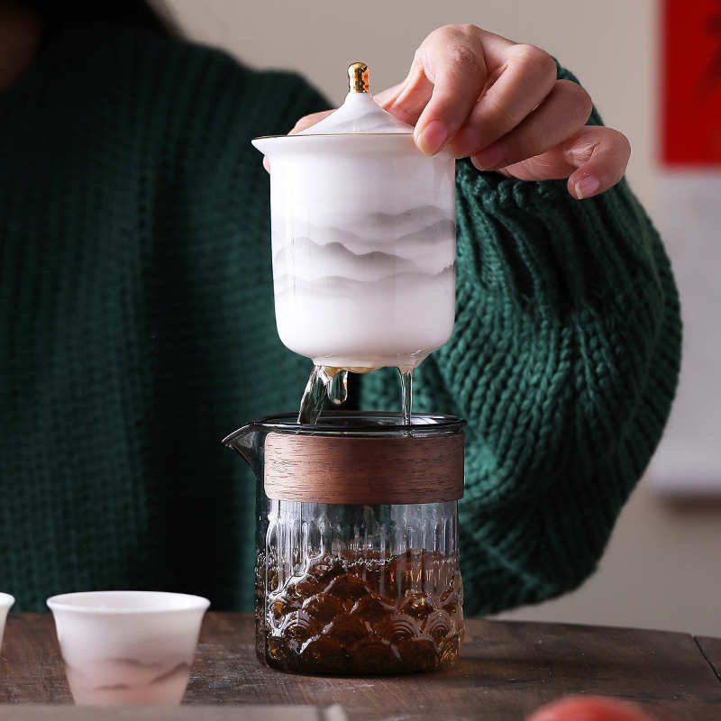 小套杯陶瓷壶客茶具便携式快户外旅行一壶三杯玻璃装泡茶远山茶杯