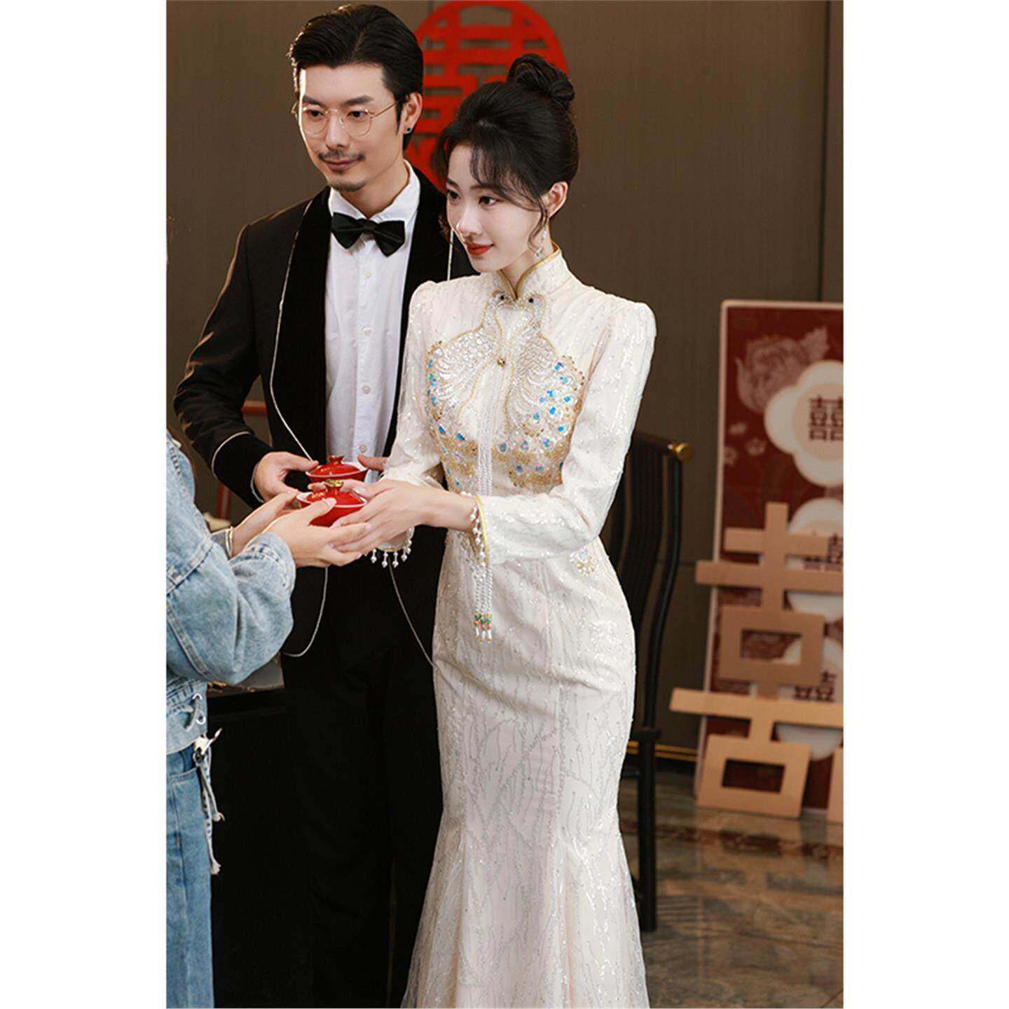 Ocnltiy重工刺绣旗袍女香槟色长袖订婚礼服新中式改良鱼尾敬酒服