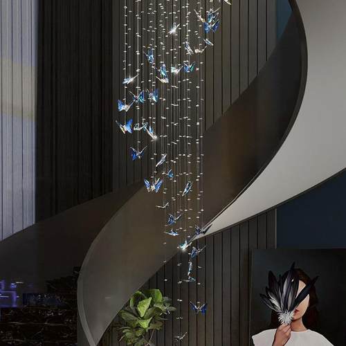 楼式灯长吊灯彩色梯水蝴蝶655现代简约复楼别墅大厅晶楼梯井旋转