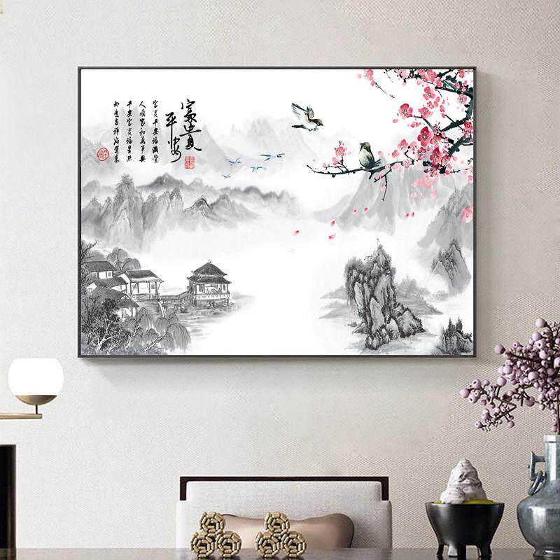 壁画新挂床头卧室字画3n风景中式客厅装饰画山水画书房茶室水墨画