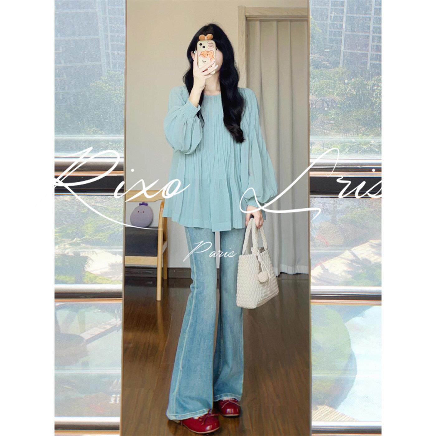 RIXO LRIS法式高级感方领泡泡袖衬衫女秋宽松显瘦设计感褶皱上衣