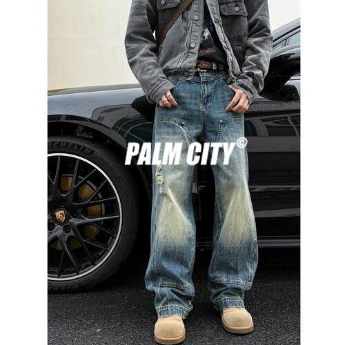 PALM CITY复古水洗蓝春秋直筒宽松工装伐木牛仔裤男大码休闲长裤