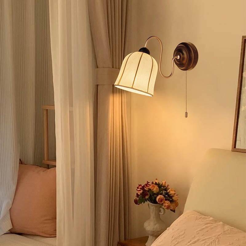 法式复古壁灯中古卧室床头灯客厅带拉线开关墙灯过道楼梯布艺灯具