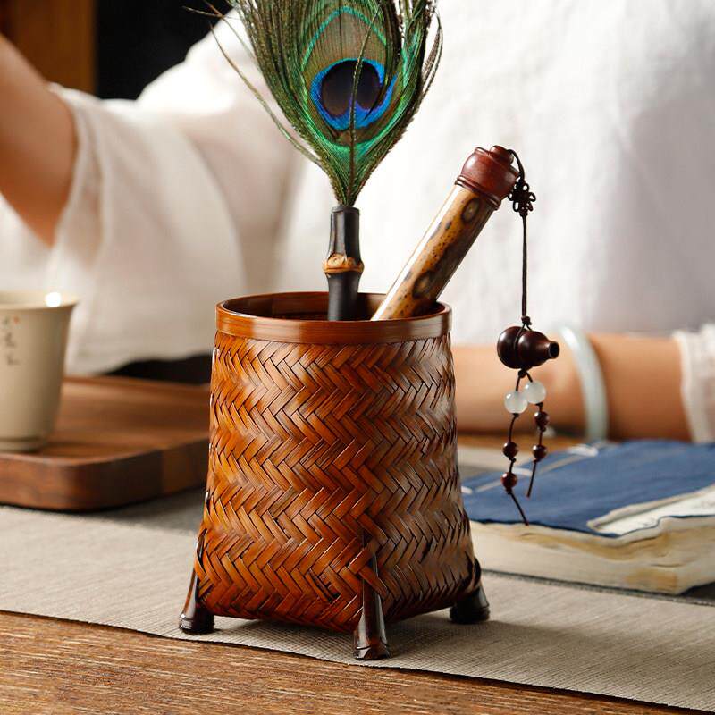 手工竹编六君子茶筒 覆古大漆收纳筒笔筒 茶则茶针茶夹茶道零配件