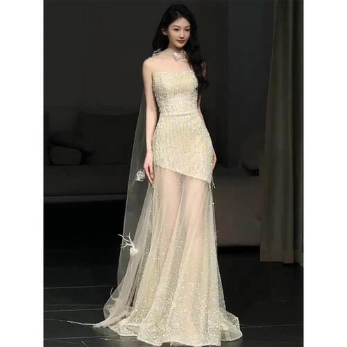 高级感party小礼服鱼尾修身主持人生日晚宴敬酒服新娘女订婚礼裙