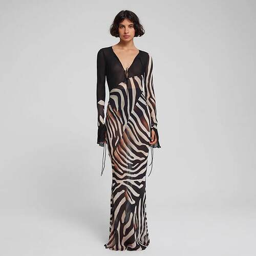 Womens Fashion Colorblock Print Sexy V Neck Mesh Long
