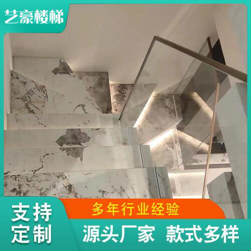 玻璃堆叠楼梯阁楼室内钢木直角梯悬浮钢结构复式跃层公寓loft