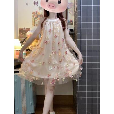 法式浪漫无袖挂脖连衣裙女夏季甜美少女小个子海边度假氛围感裙子