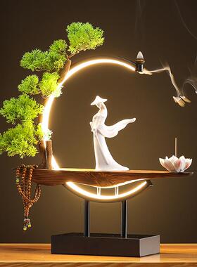 新中式禅意倒流香摆件办公室开业前台创意灯圈招财香薰炉客厅装饰