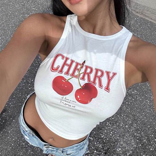 Women's Letter & Fruit Print Tank Top, Summer Clothes Women