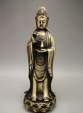 黄铜站立观音铜像摆件 家居客厅供奉装饰工艺品黄铜观音摆设