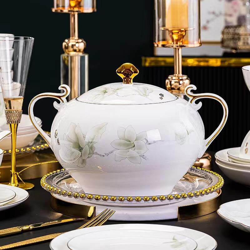 碗具套装景德镇陶瓷家用盘子套餐碗碟金边简约碗筷骨瓷碟餐具