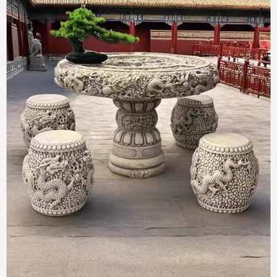 石桌石凳庭院一套户外天然汉白玉圆桌子中式仿古做旧雕龙石头摆件