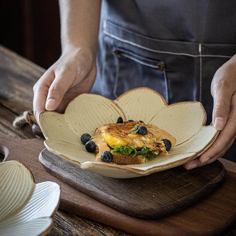日式莲花造型粗陶盘子创意手作感做旧餐具早餐盘点心盘甜品盘菜盘