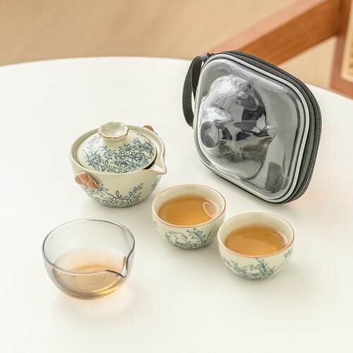 向阳花萌兔汝窑一壶两杯便携式户外旅行茶具套装中式陶瓷茶壶茶杯