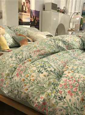 正品in小s新韩式绿色田园风小碎花床上四件纯套全棉棉被清套三件