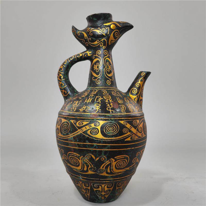 青铜器错金摆件做旧工艺盛酒器圆樽错金银蒜头瓶青铜器古玩收藏