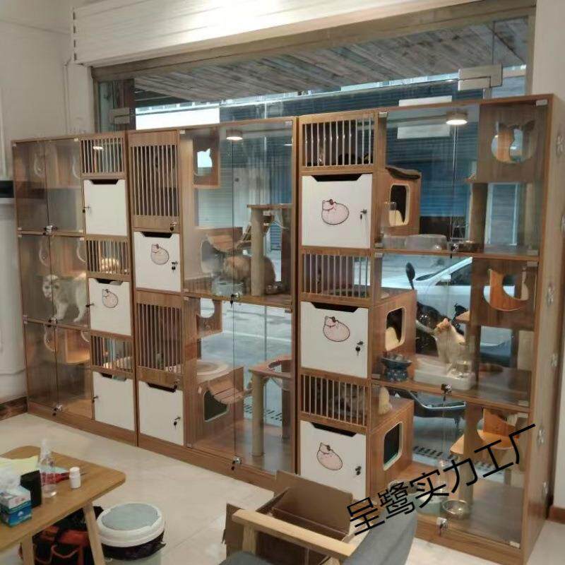 猫别墅实木笼子玻璃猫柜宠物猫屋家用展示柜大型寄养笼三层猫咪窝