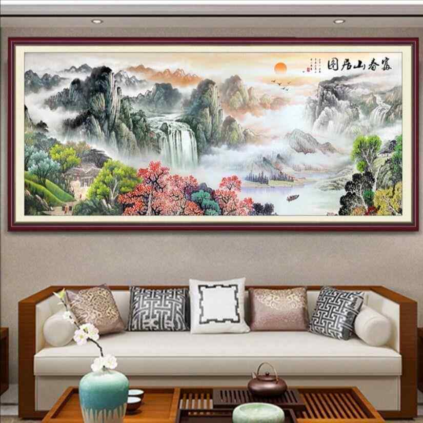 娜丽莎十000字绣富春蒙山居图新线水绣客厅风景山画流水生财自己
