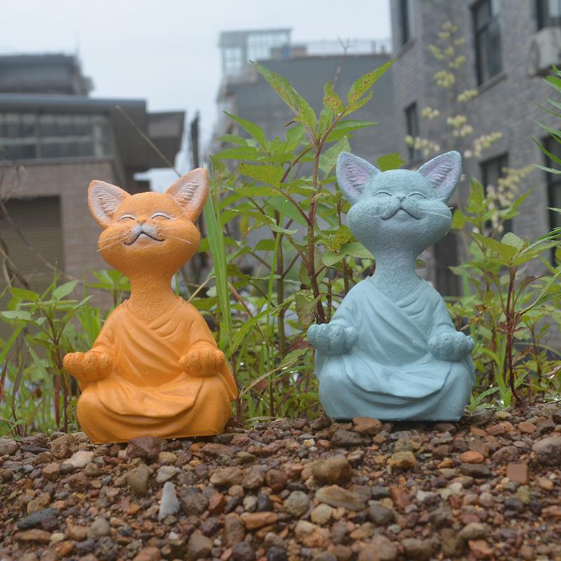 直销新款跨境新款冥想动物打坐小猫树脂摆件坐禅猫花家居园装饰树