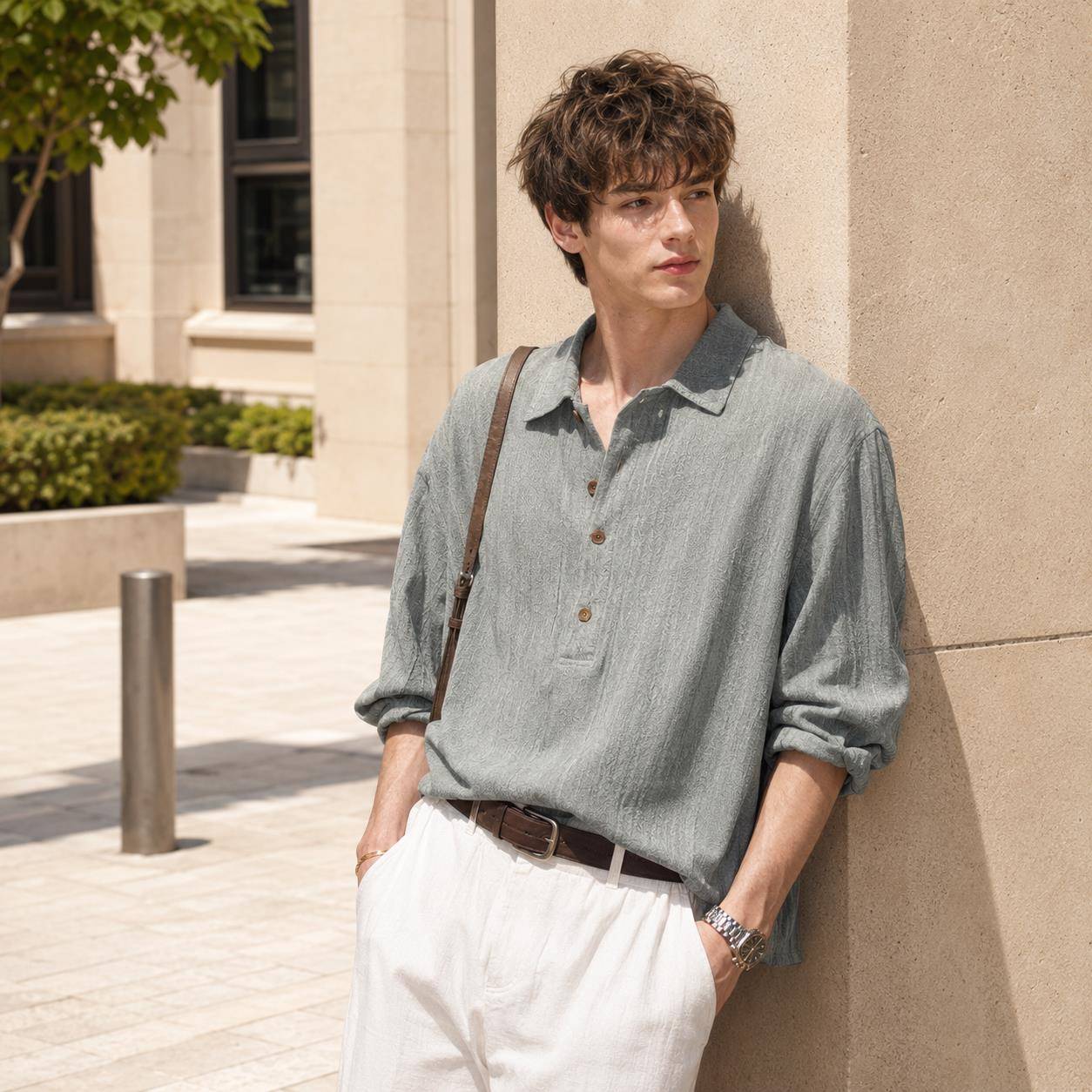 亚麻衬衫男高级感慵懒松弛穿搭老钱风男装夏季亨利领polo长袖衬衫