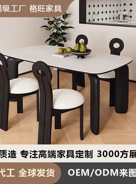 复古奶油风黑色实木岩板餐桌网红风现代简约家用长方形大象腿饭桌