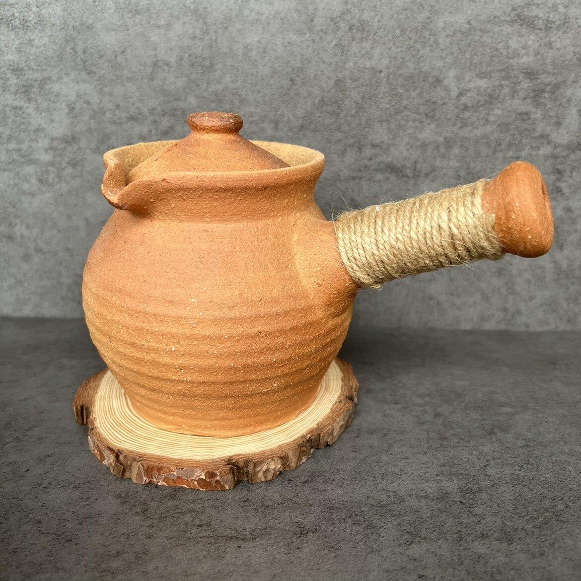 云南纯手工烤茶罐粗陶罐围炉煮茶侧把壶土陶柴烧木炭明火煮茶罐