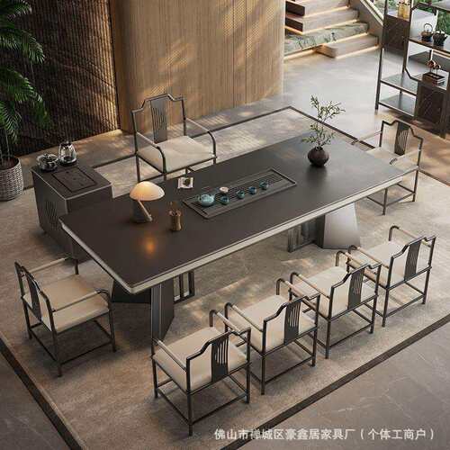 哑光纯黑岩板茶桌椅组合意式高端办公室家用烧水一体泡新中式茶台