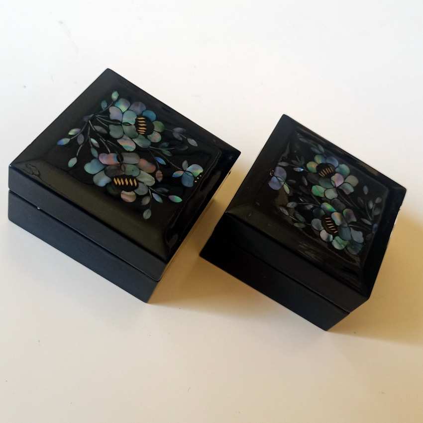 漆器螺钿盒贝壳镶嵌68角方形盒圆形螺钿黑漆底盒复古饰品树脂漆盒