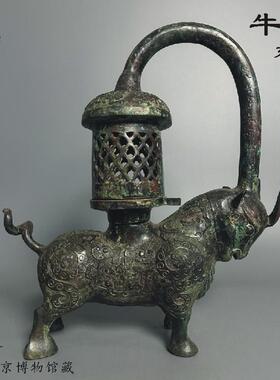 仿古青铜器汉代牛灯错金银铜灯江苏南京博物馆藏古玩摆件环保道具