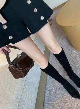 QVU~品牌专柜！韩版尖头弹力长靴粗跟百搭厚底过膝气质女靴瘦瘦靴