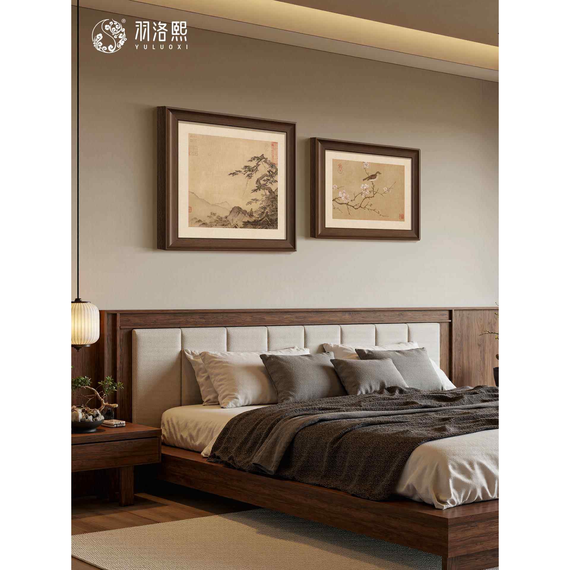 山水画宋代美学卧室床头装饰画喜上眉梢新中式主卧房间挂画彷古画
