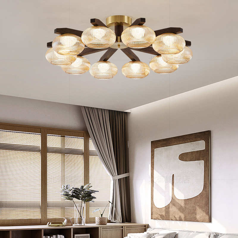 中山灯具黑胡桃实木中古风大厅卧室吸顶灯中式国潮灯具复古客厅灯