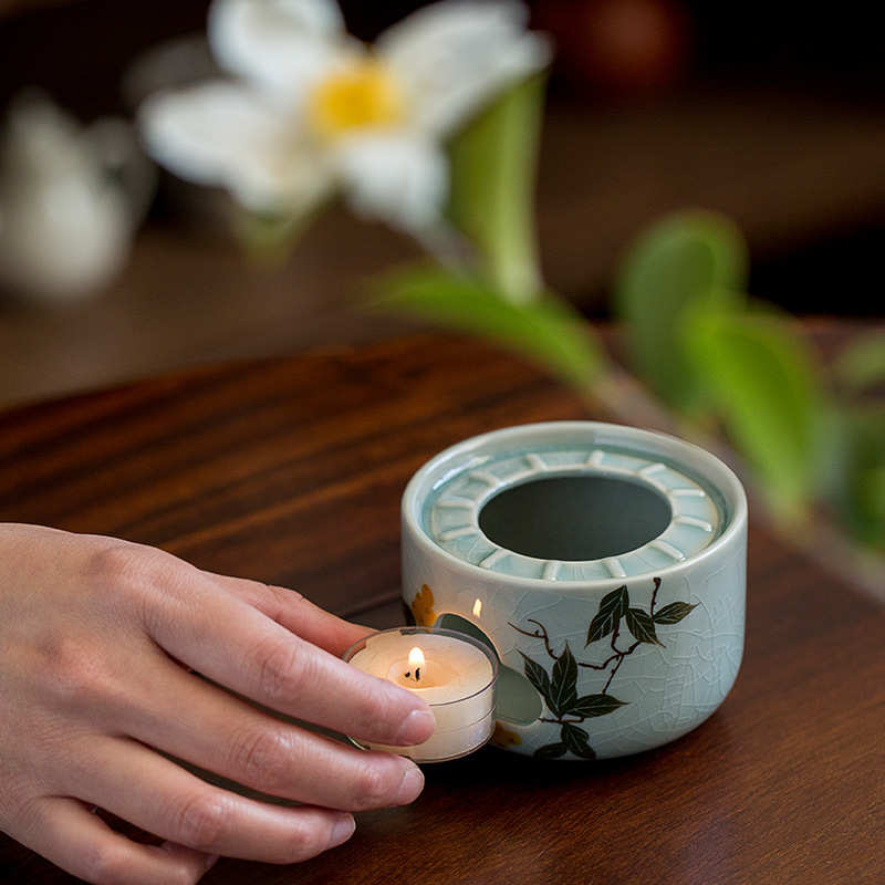 冰裂手绘枇杷温茶炉套装温茶器陶瓷家用暖茶炉蜡烛加热保温底座