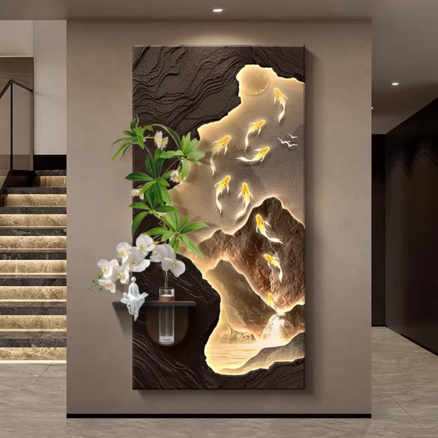 轻奢九鱼图玄关装饰画入户正对门挂画2026新款高级走廊过道壁画灯