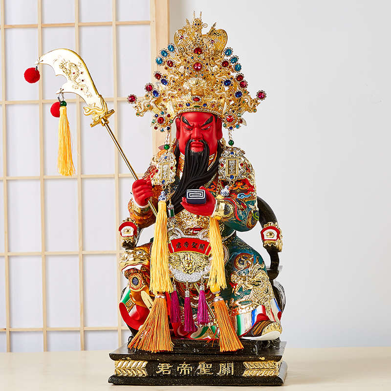 关公神像新款木雕佛像家用招财武财神关羽披风帽子财神爷武圣摆件