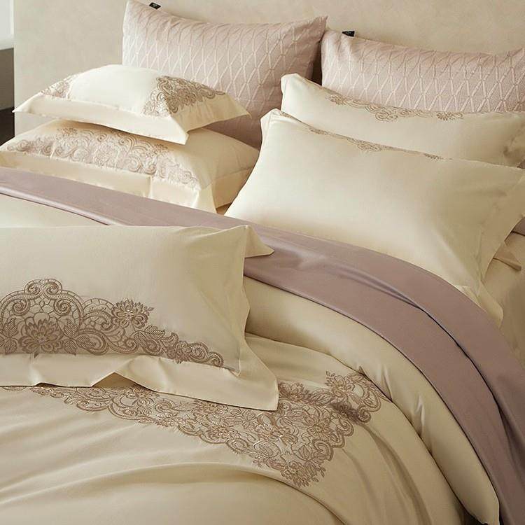 轻奢风超柔长绒棉四件套高奢进口金银线刺绣纯棉被套床上用品紫色